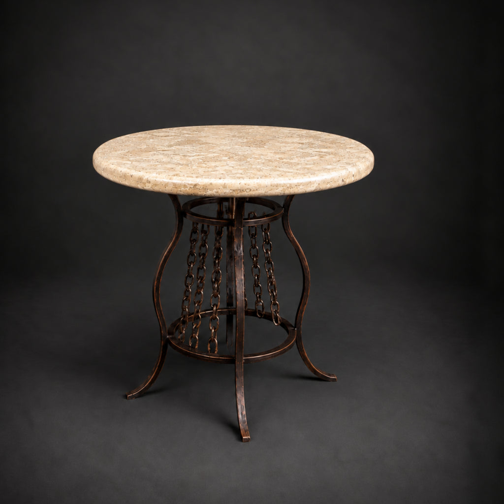 Round Travertine Bar Table with Hanging Chain Iron Base – 1213E