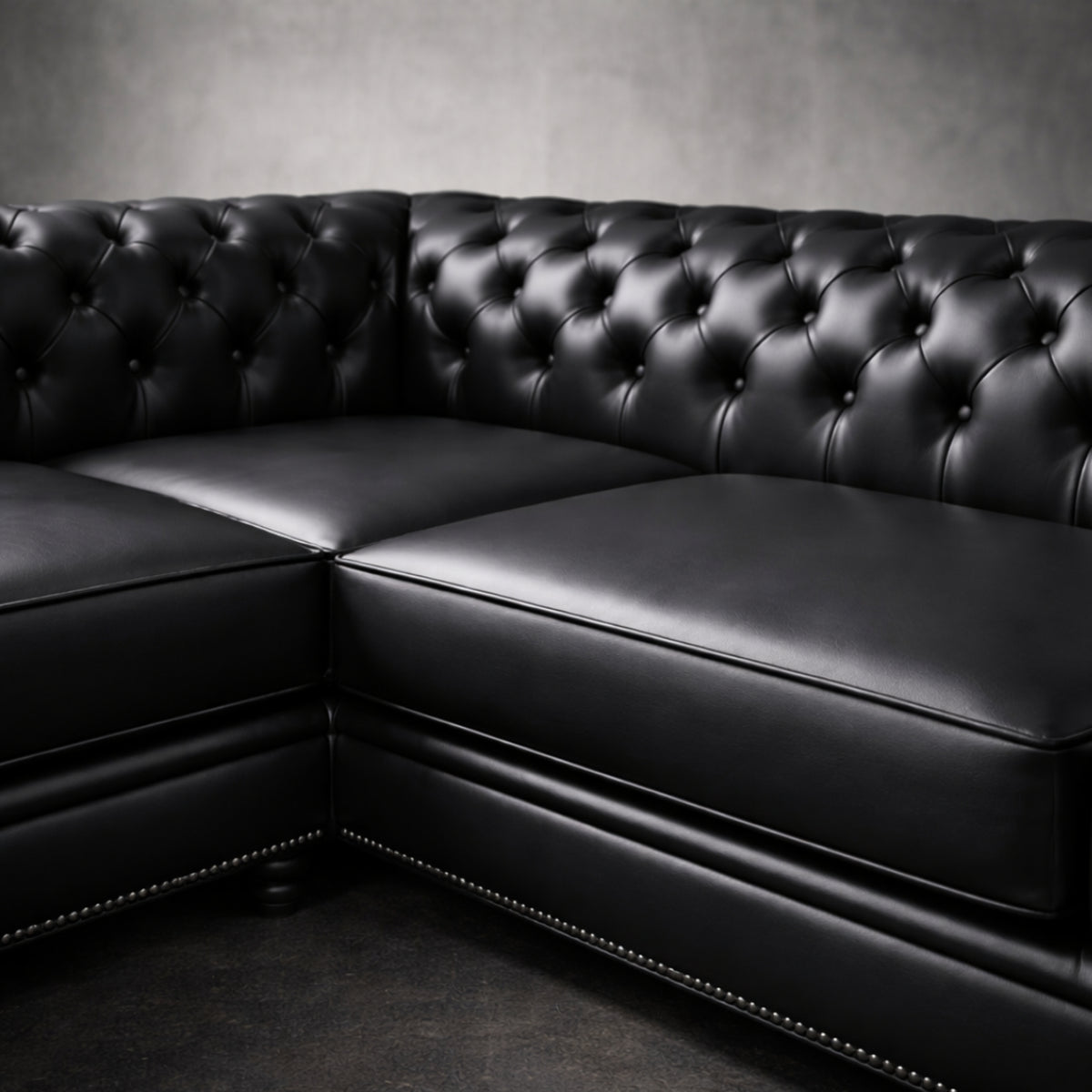 Black Leather L-Shaped Chesterfield Sectional Sofa – 3002
