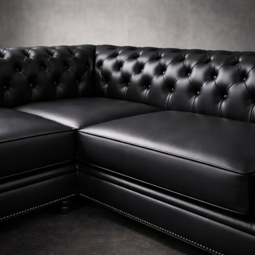 Black Leather L-Shaped Chesterfield Sectional Sofa – 3002