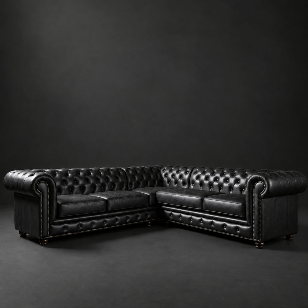 Black Leather L-Shaped Chesterfield Sectional Sofa – 3002