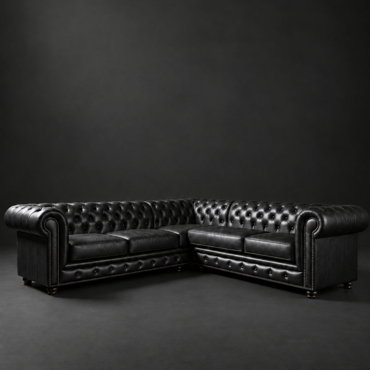 Black Leather L-Shaped Chesterfield Sectional Sofa – 3002