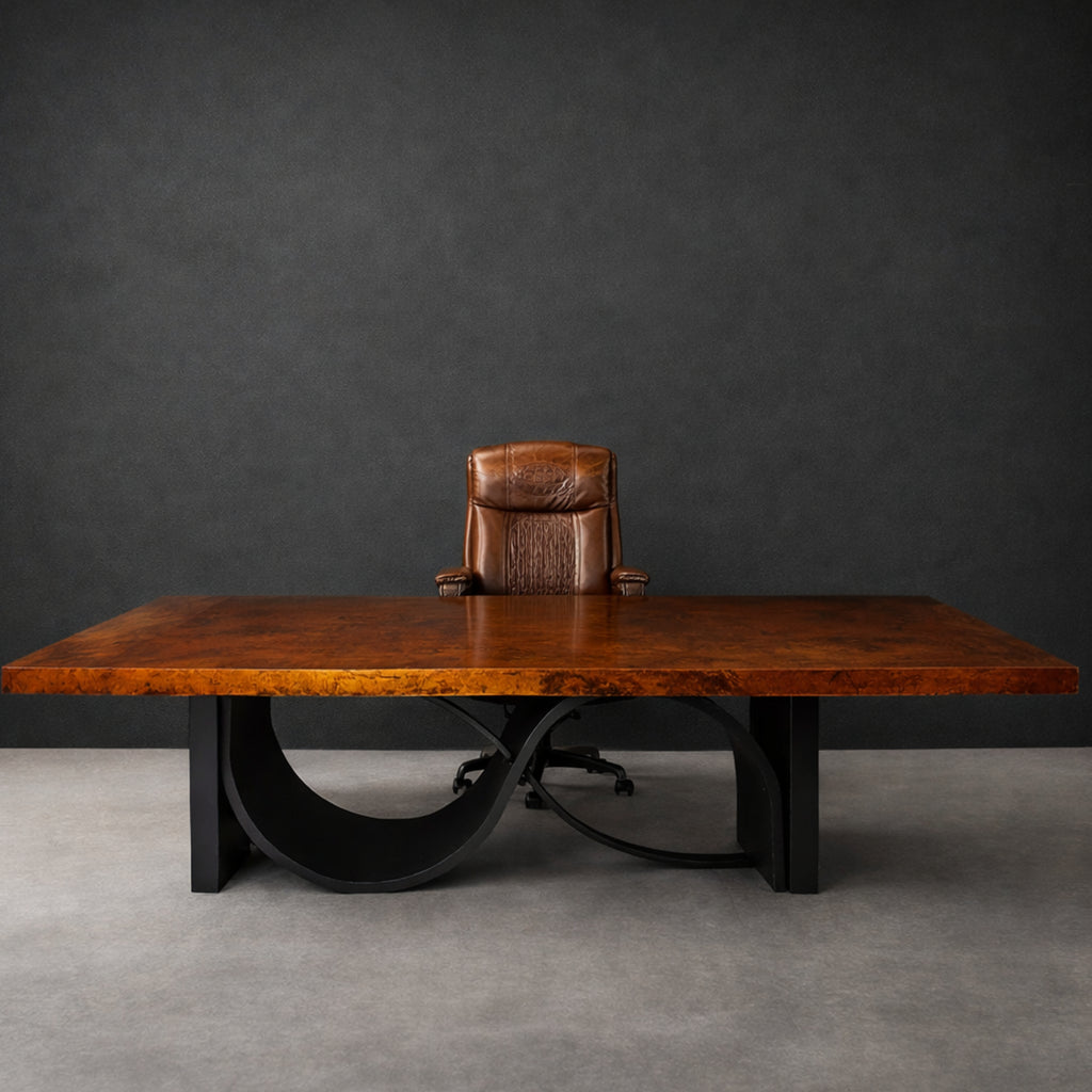 Largecopper  executive conference table with sculptural handcrafted iron base, Model 1258 R