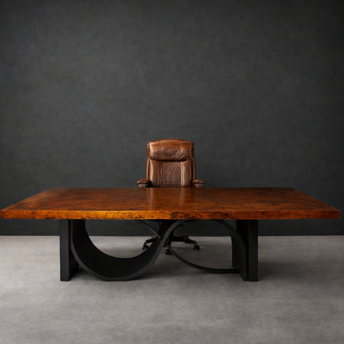 Largecopper  executive conference table with sculptural handcrafted iron base, Model 1258 R