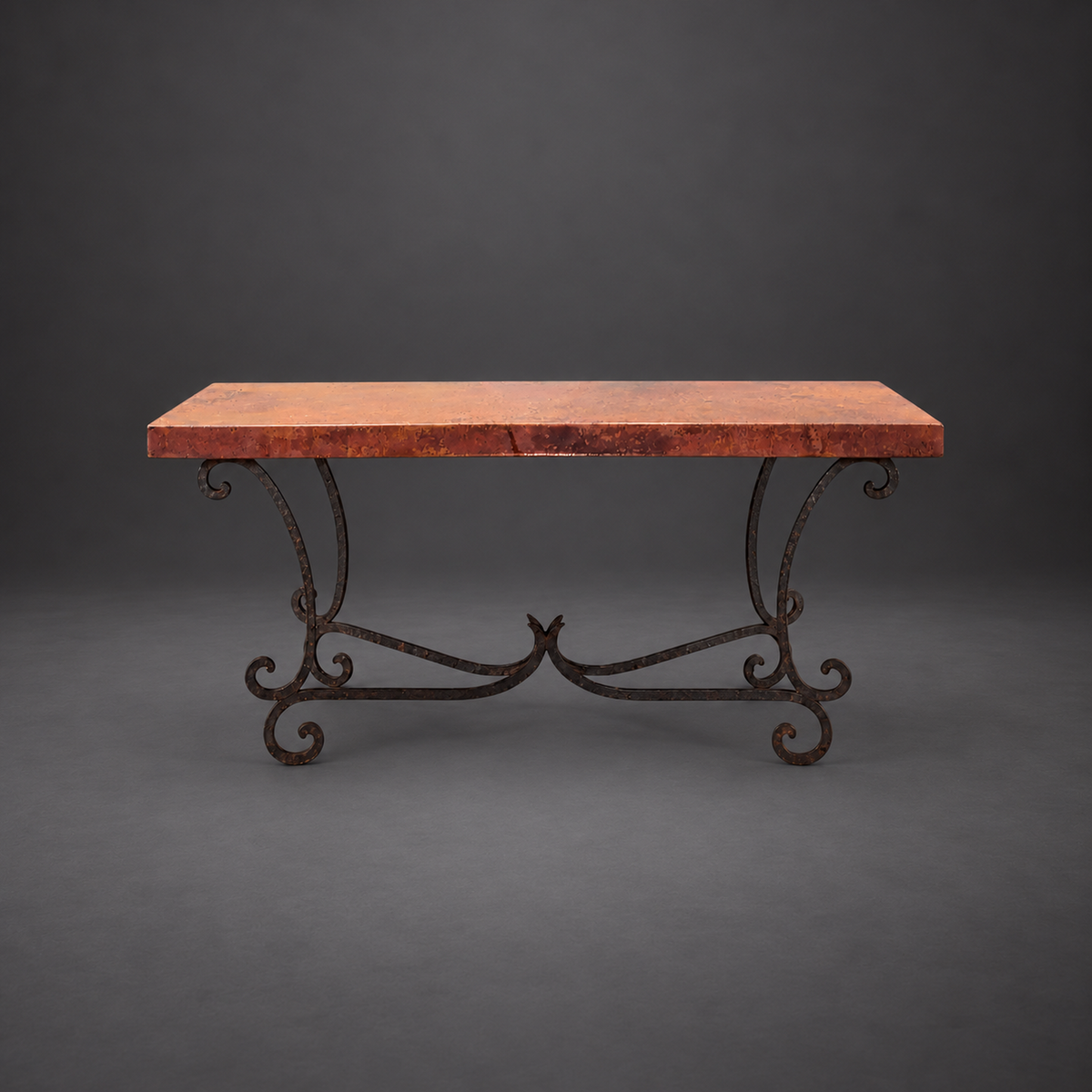 1215C rectangular copper console table with hand-forged iron scroll base