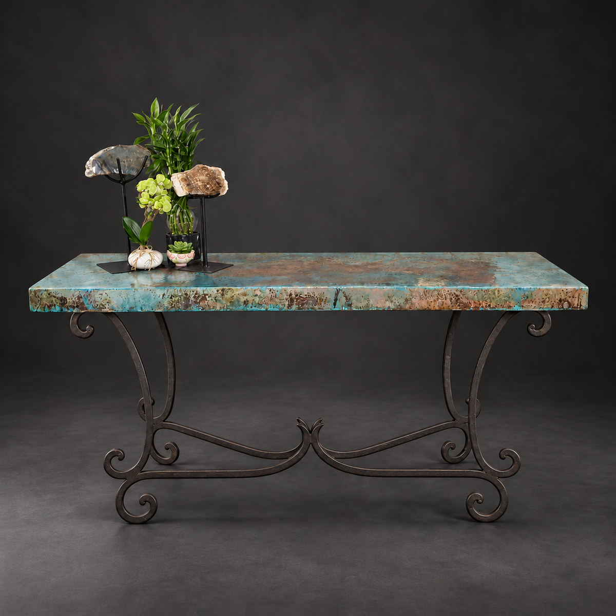 Rectangular Copper Console Table with Hand-Forged Iron Base – Model 1215C