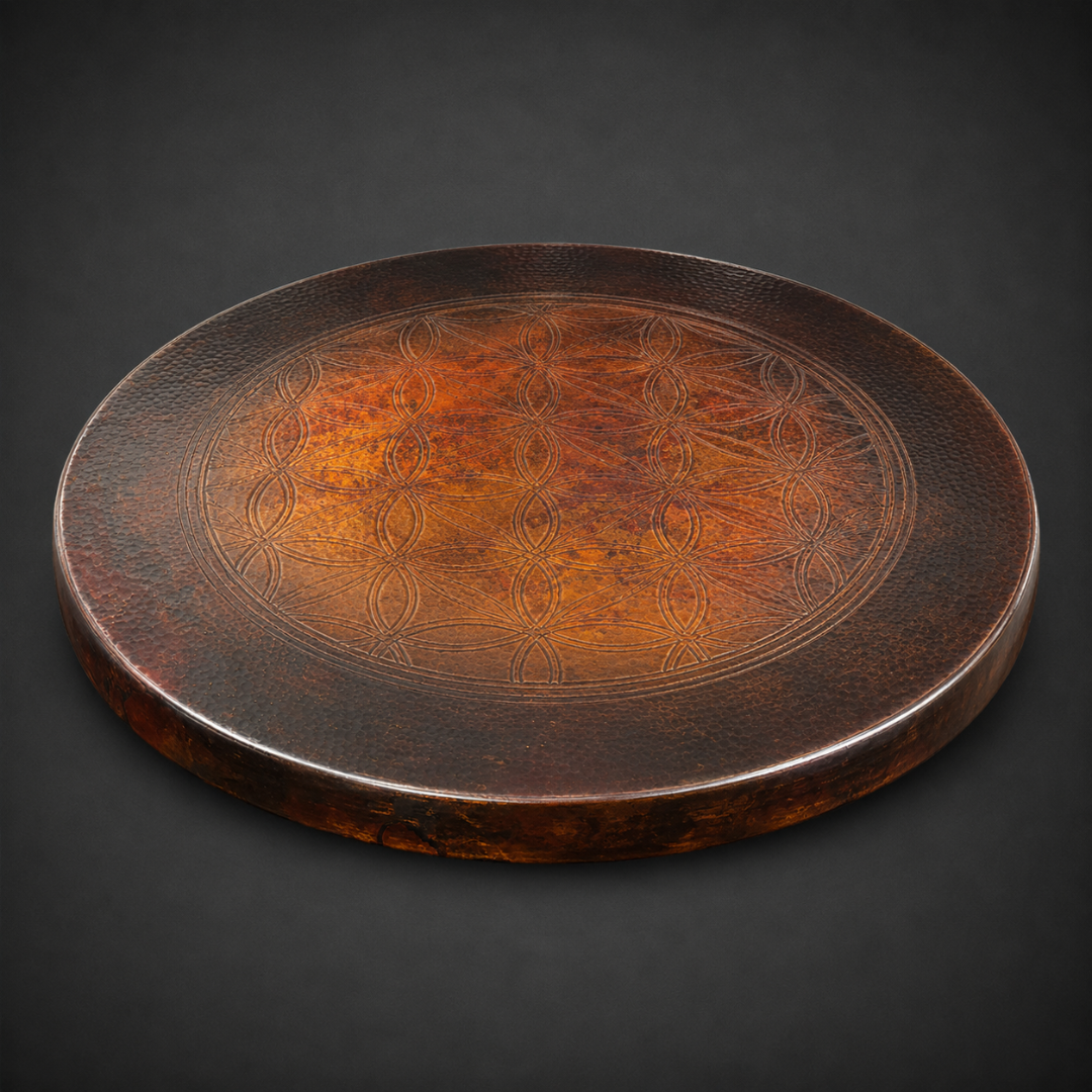 Round Engraved Copper Dining Table with Sculptural Antler Base – 4028D
