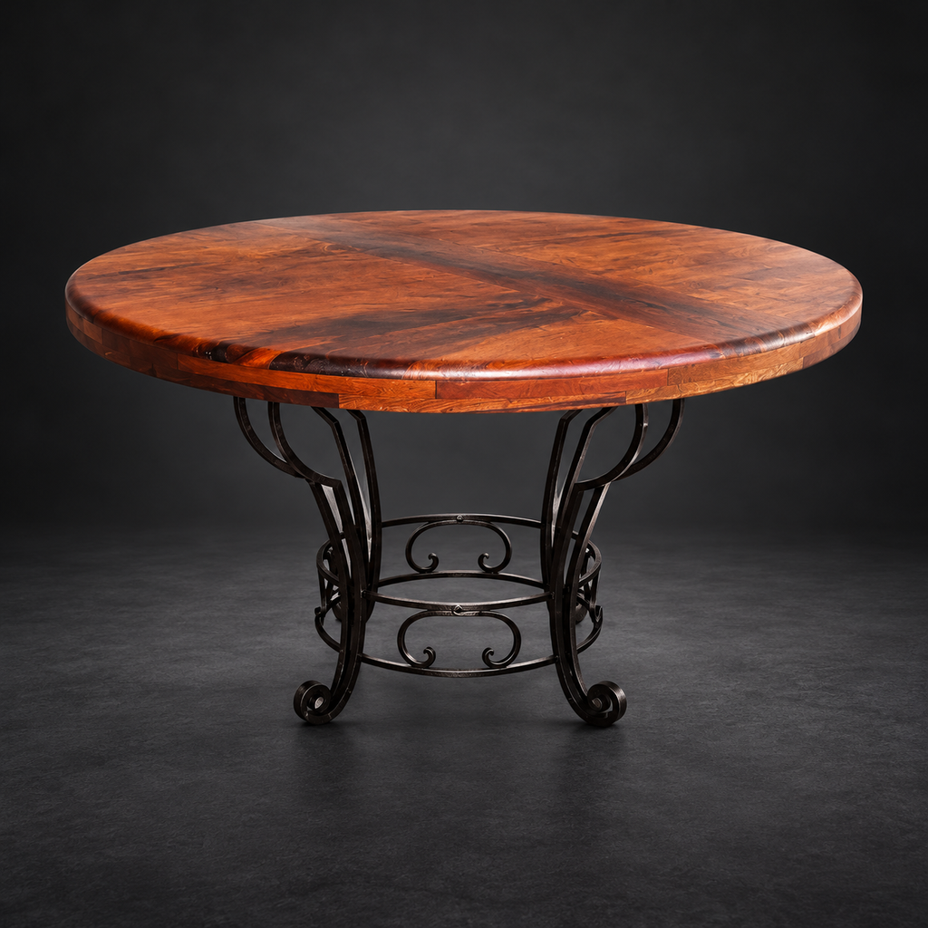 Round Mesquite Dining Table with Hand-Forged Iron Base – Model 1231D