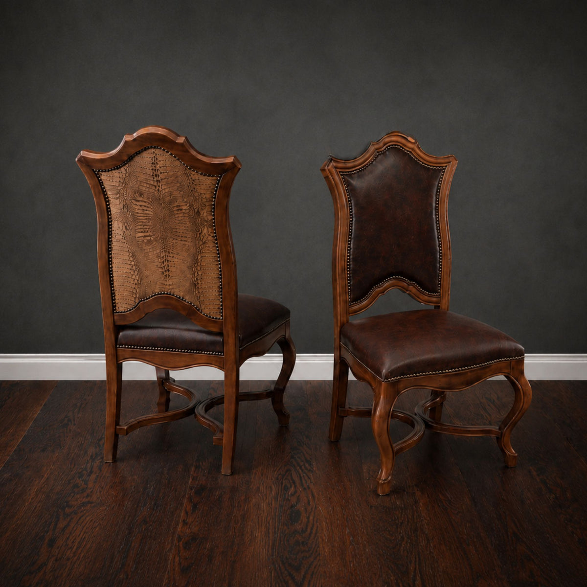 High-Back Leather Dining Chair with Carved Wood Frame – 3023