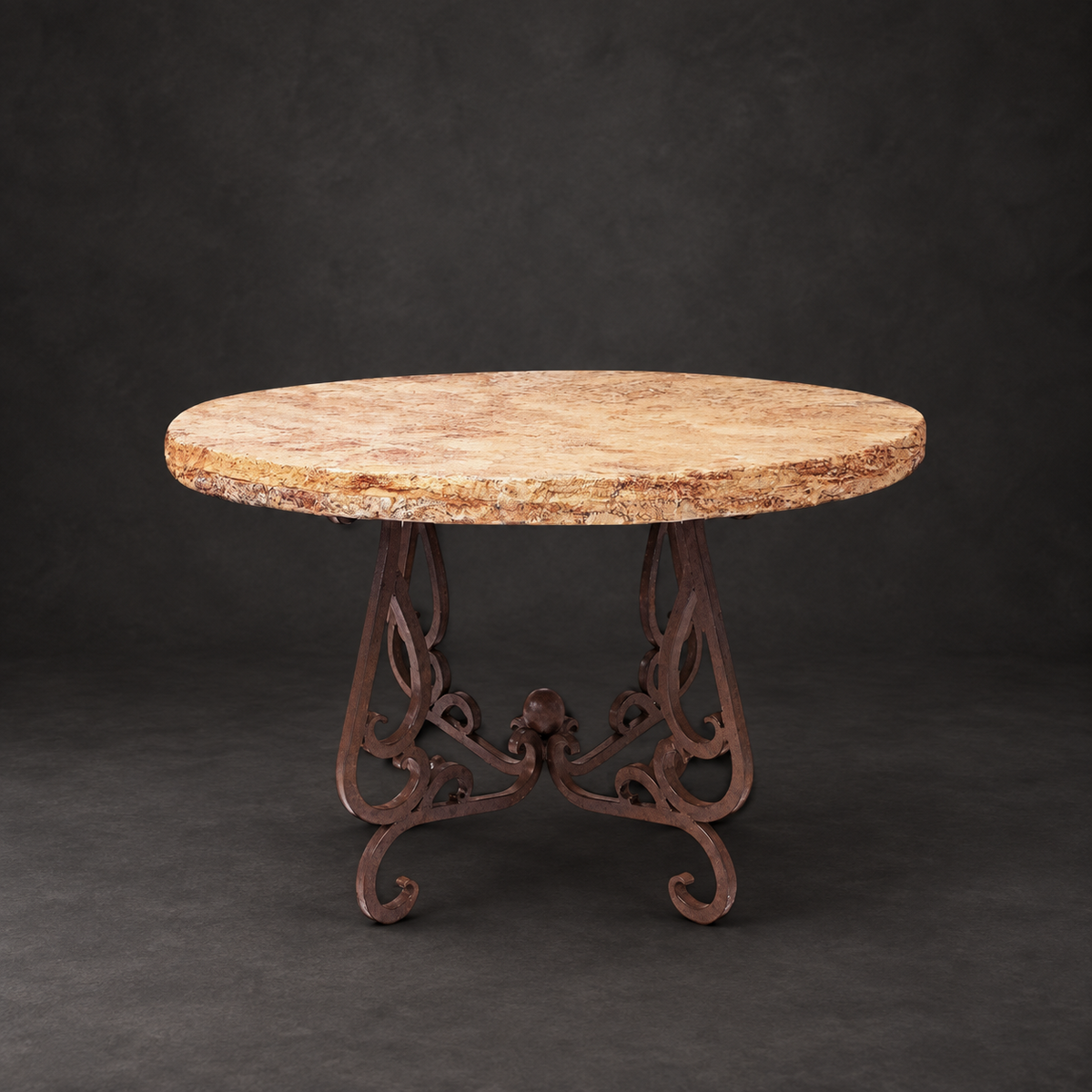 Round Peach Travertine dining table with a chiseled edge and ornate brown iron base, model 1240 D,