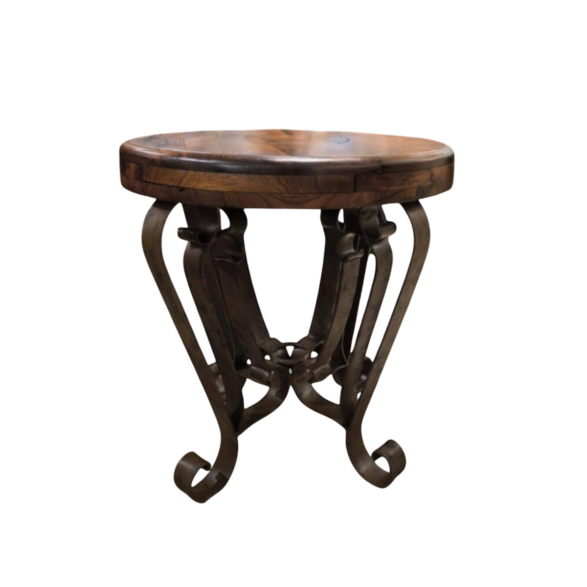 Round Wood Accent Table with Sculptural Iron Base – 1229BB