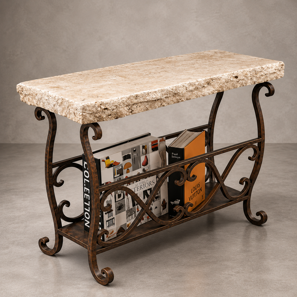 Travertine Magazine Table with Scrollwork Iron Frame | 1263 BB