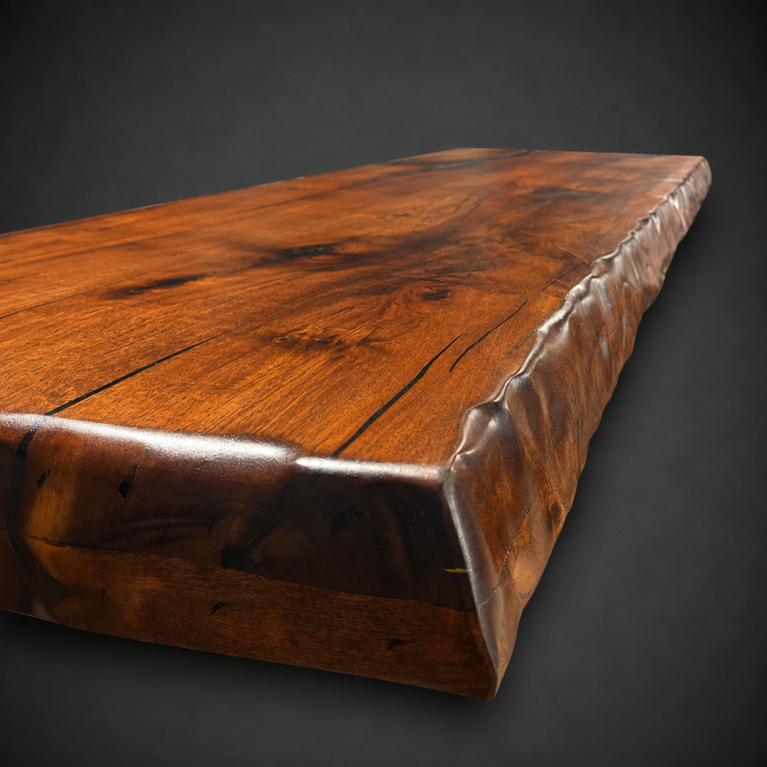 Mesquite Live Edge Dining Table with Carved Double Pedestal Base – Model 1208R