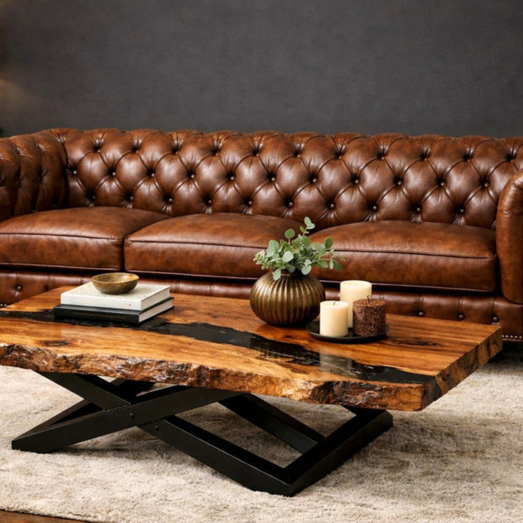 Mesquite live edge coffee table with handcrafted iron base, 72 x 42, Model 1271AA