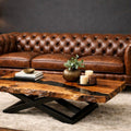 Mesquite live edge coffee table with handcrafted iron base, 72 x 42, Model 1271AA