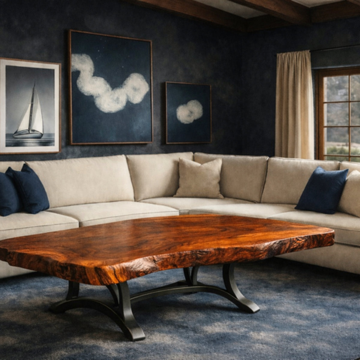 Mesquite live edge coffee table with curved handcrafted iron base, Model 1273 AA