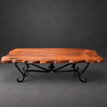 Handcrafted mesquite live edge coffee table with decorative wrought iron base, Model 1211 AAM