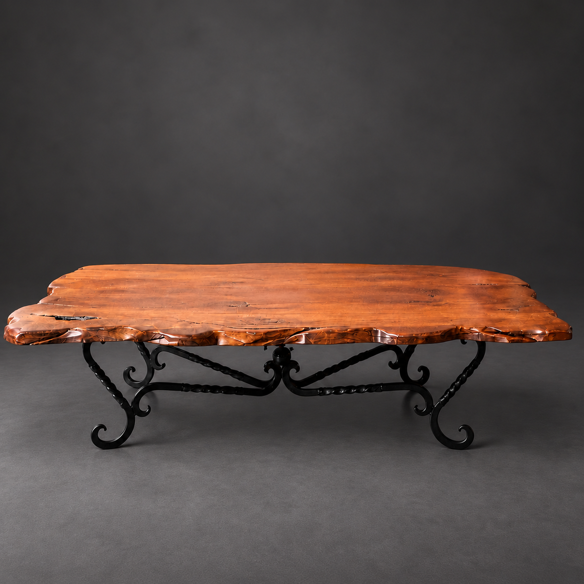 Handcrafted mesquite live edge coffee table with decorative wrought iron base, Model 1211 AAM