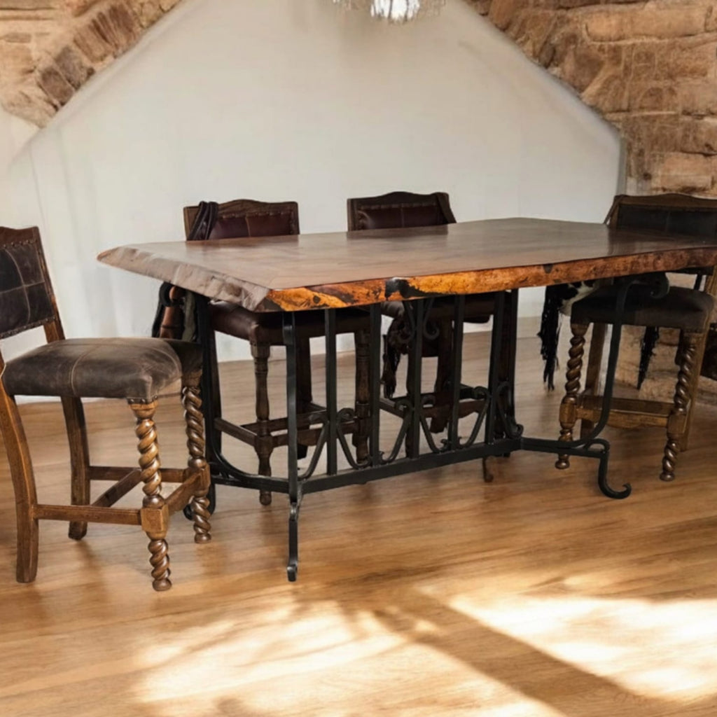 Mesquite Live Edge Kitchen Island Table with Wrought Iron Base – Model 1213I