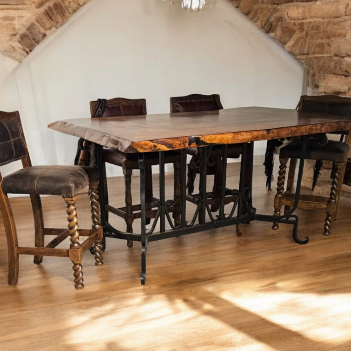 Mesquite Live Edge Kitchen Island Table with Wrought Iron Base – Model 1213I