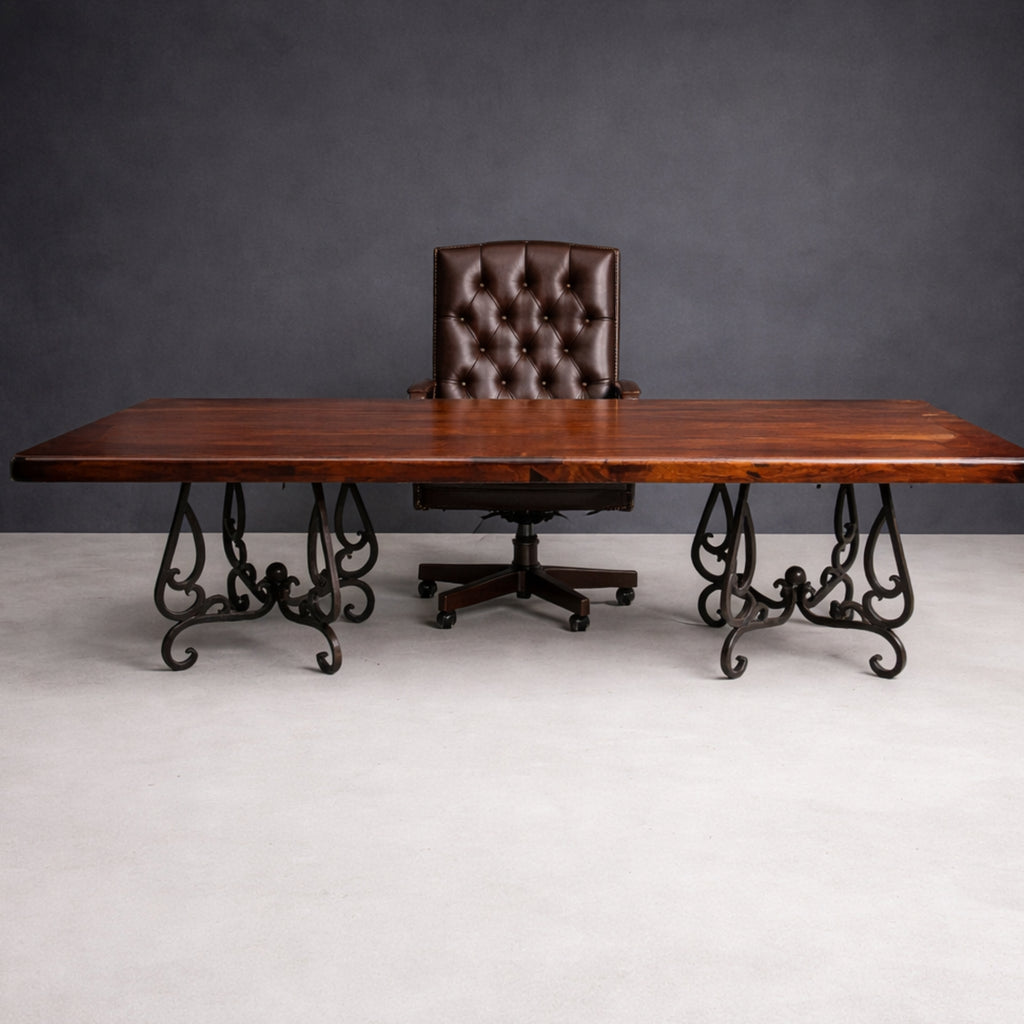 Mesquite conference table with ornate handcrafted wrought iron scrollwork bases, Model 1240 R