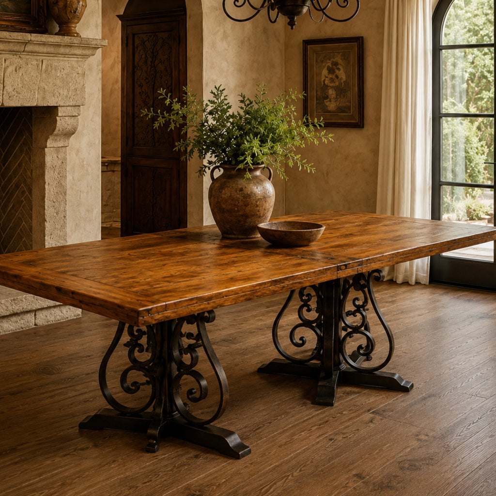 Mesquite Dining Table with Hand-Forged Iron Double Pedestal Base – Model 1243R