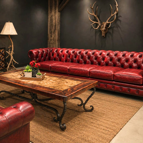 Mesquite and travertine coffee table with handcrafted wrought iron scrollwork base, Model 1211 AA