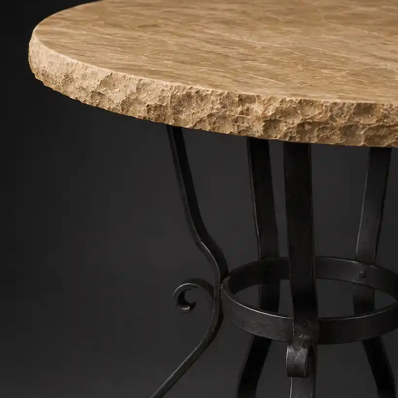 Round Travertine Bar Table with Iron Scroll Base | 1239 E
