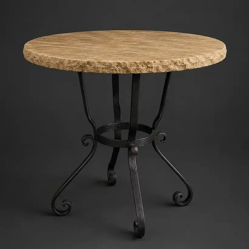 Round Travertine Bar Table with Iron Scroll Base | 1239 E