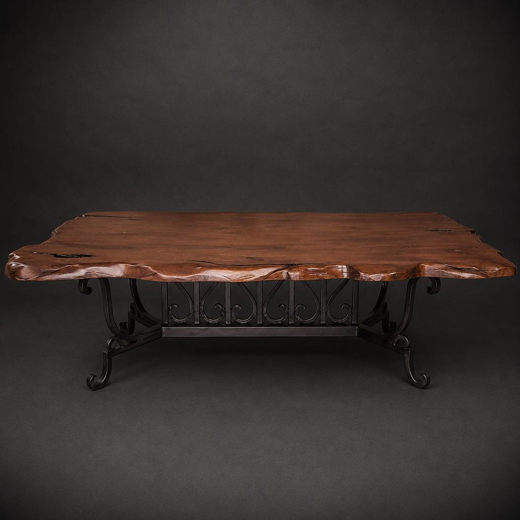 Mesquite Live Edge Coffee Table with Hand-Forged Iron Base – Model 1213AA