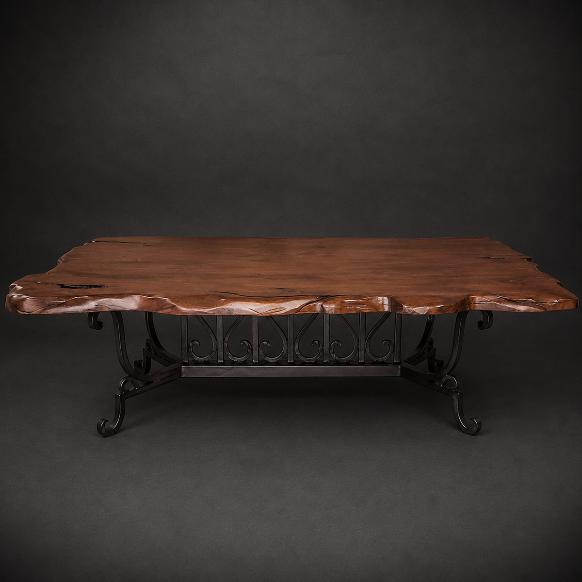 Mesquite Live Edge Coffee Table with Hand-Forged Iron Base – Model 1213AA