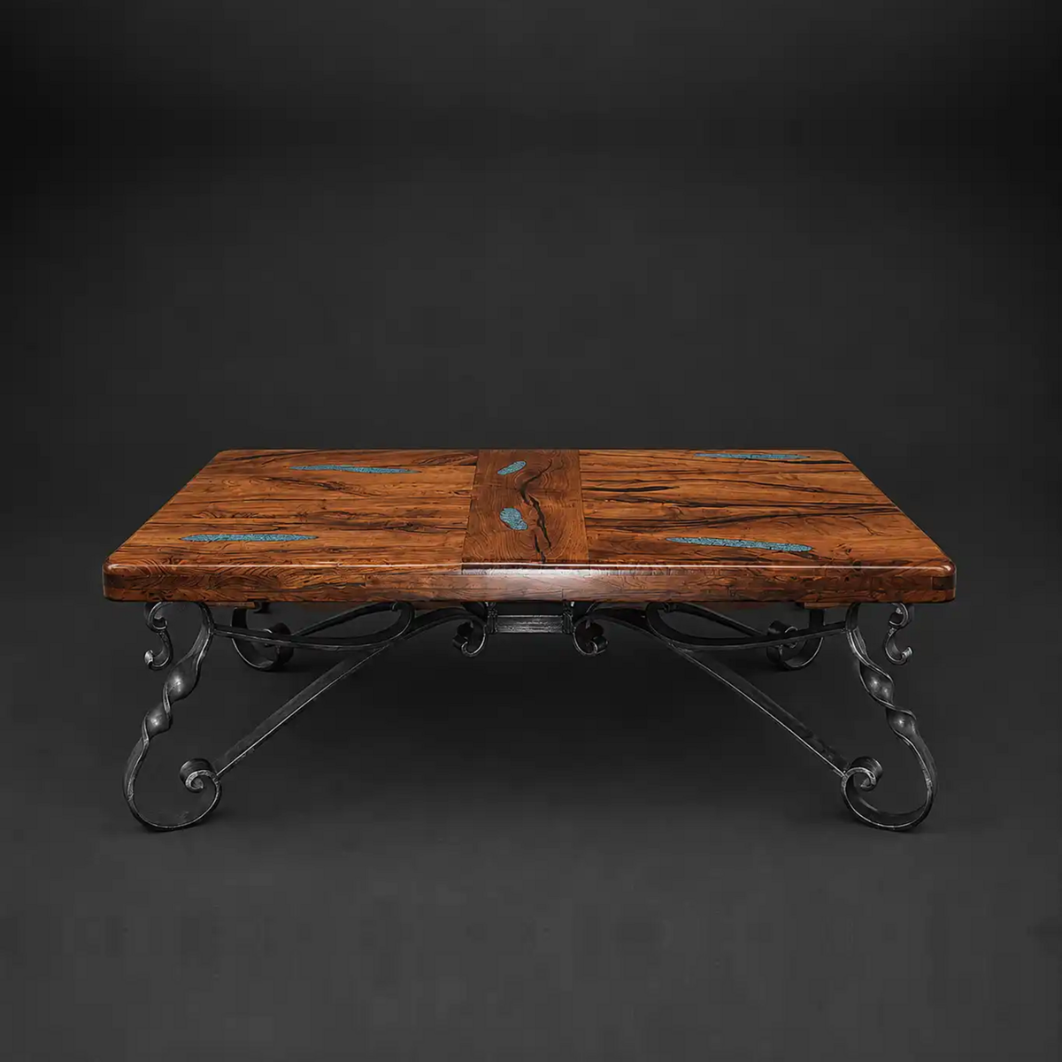 Mexports 1212AA rectangular mesquite coffee table with a bullnose edge, turquoise-colored inlays, and a dark scrollwork metal base.