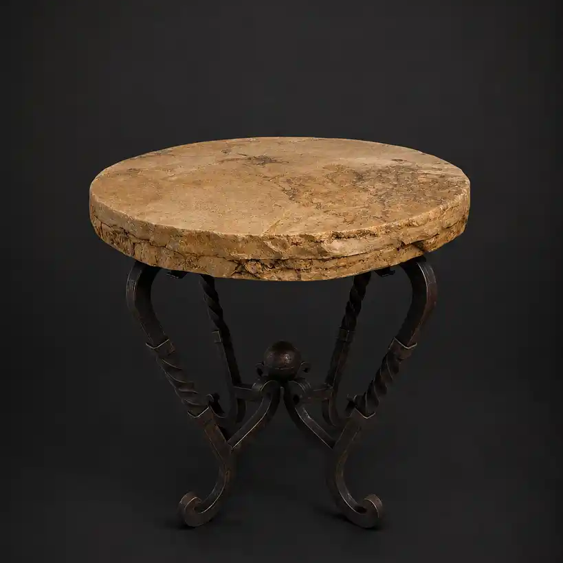 Round Travertine Side Table with Hand-Forged Iron Base – Model 1211 BB