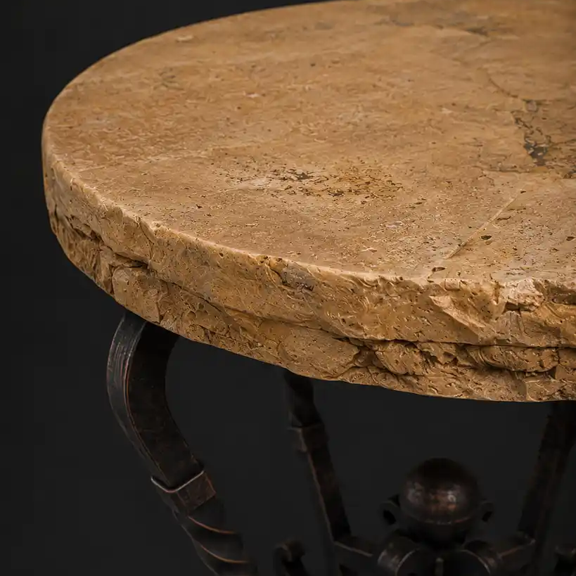 Round Travertine Side Table with Hand-Forged Iron Base – Model 1211 BB