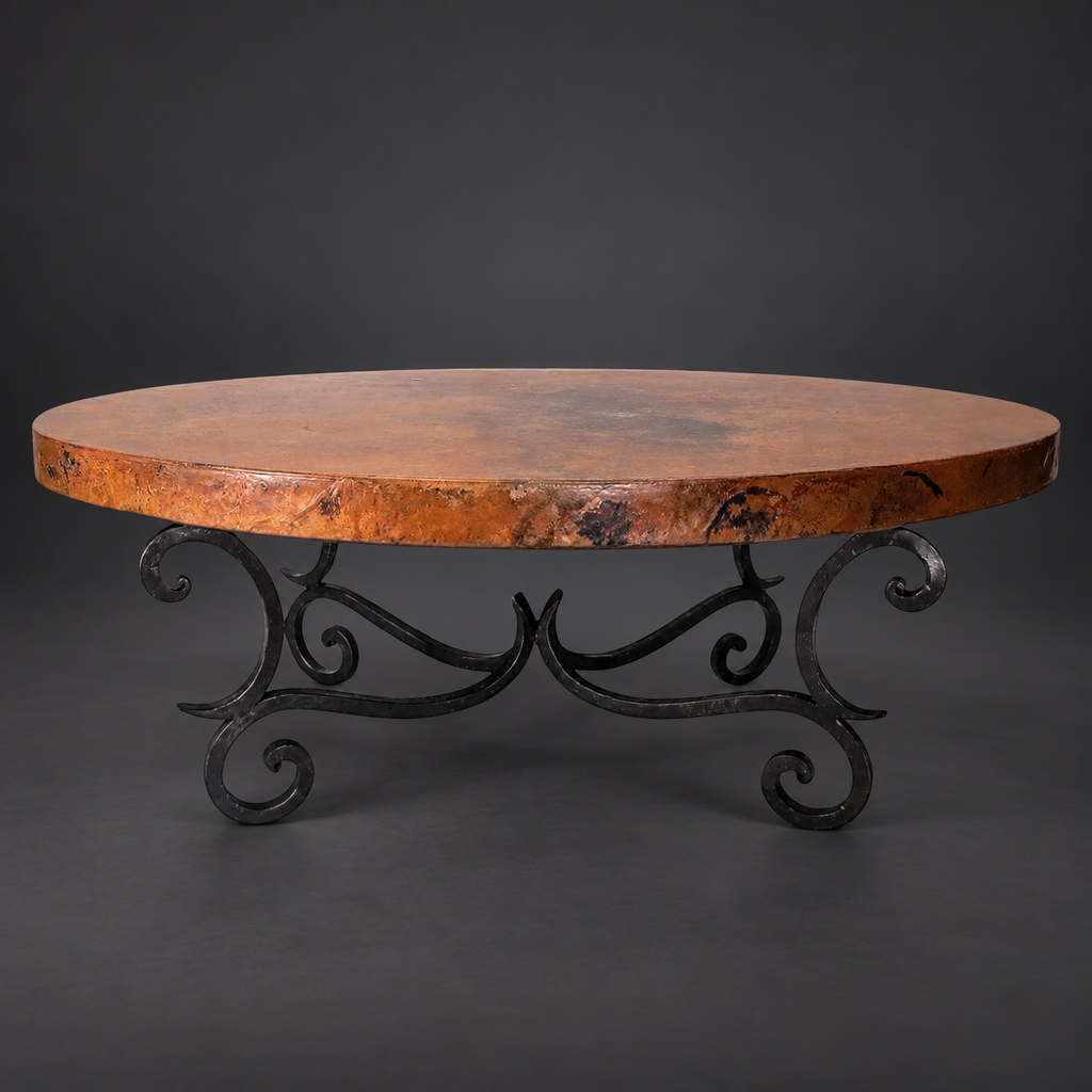 1215AA oval natural copper coffee table with hand-forged iron scroll base