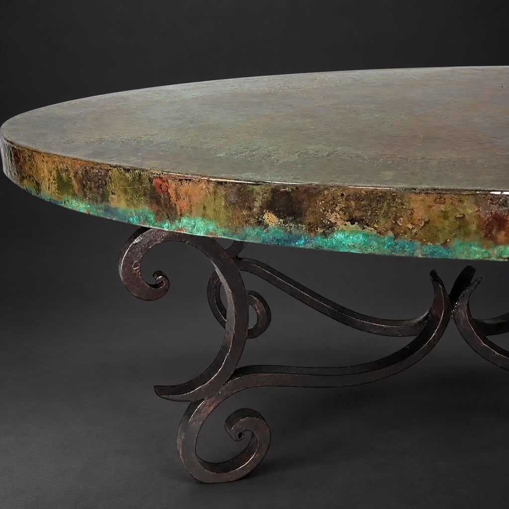 Oval Natural Copper Coffee Table with Hand-Forged Iron Base – Model 1215AA