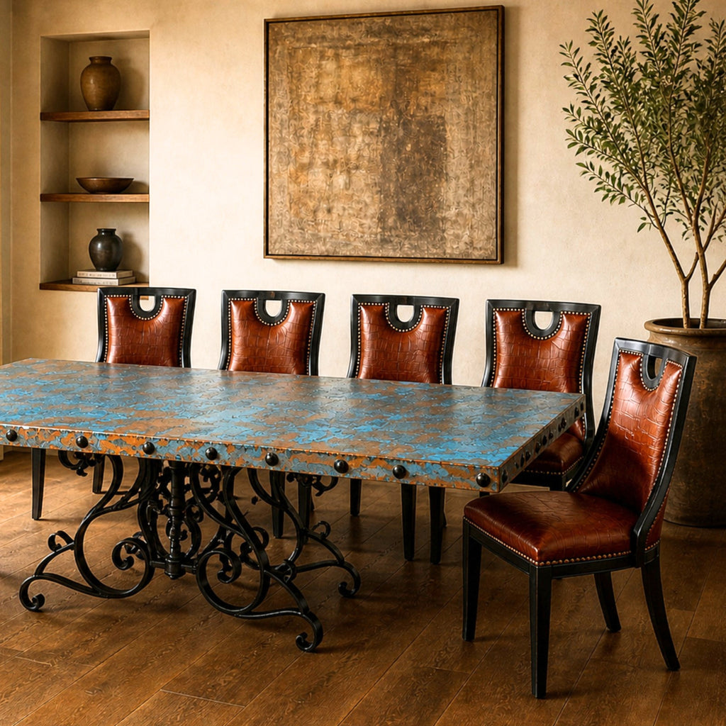 Rectangular Oxidized Copper Dining Table with Ornate Iron Base – 1246R