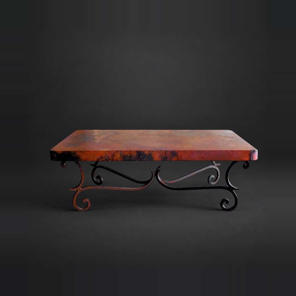 1215AA rectangular natural copper coffee table with hand-forged iron scroll base