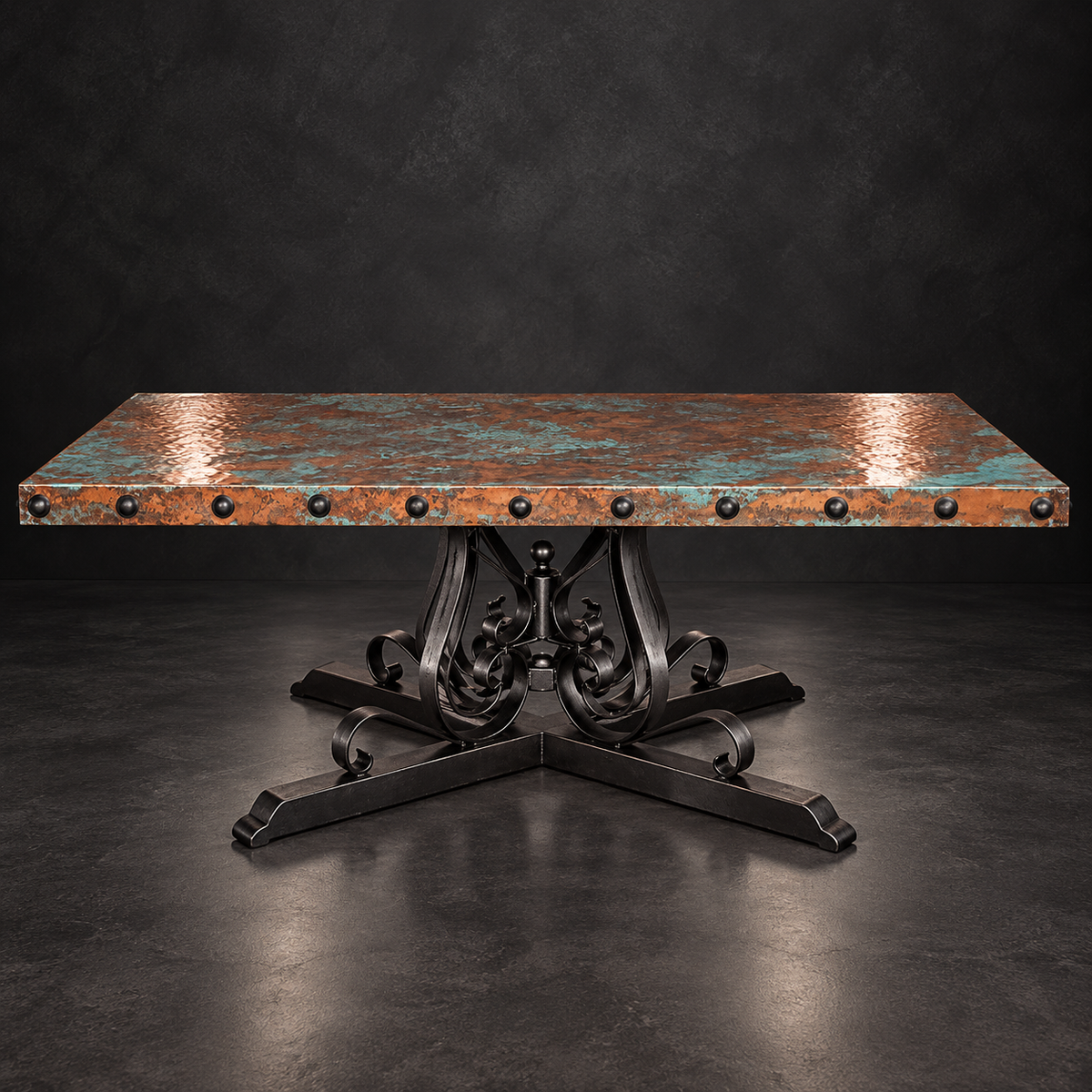 Rectangular Oxidized Copper Dining Table with Ornate Iron Base – 1246R