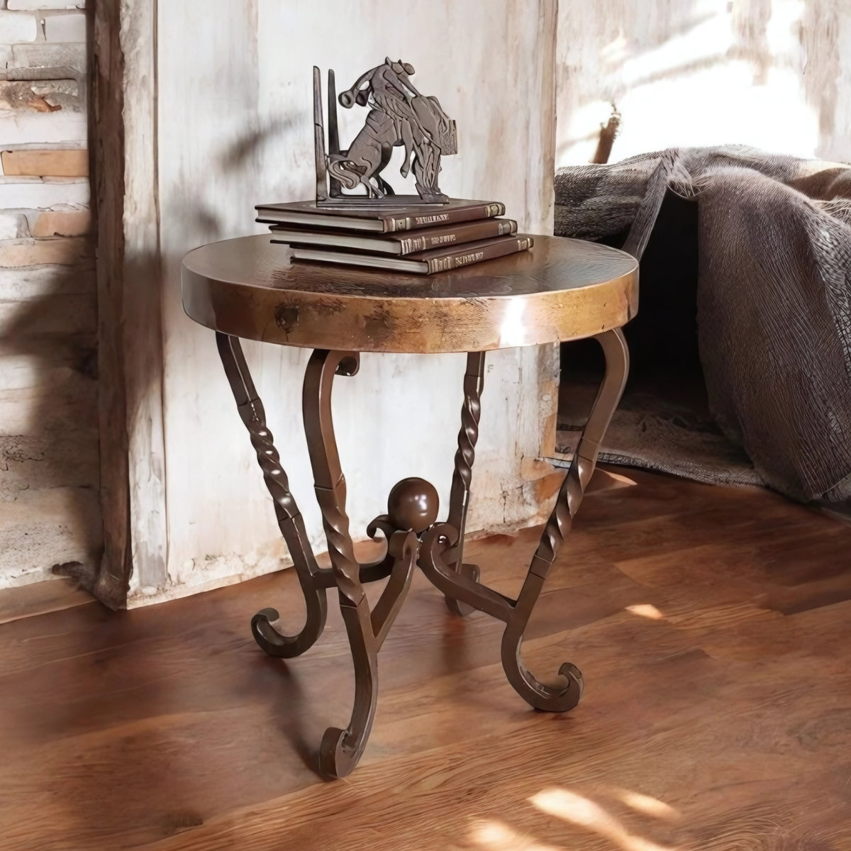 Round Copper Accent Table with Twisted Iron Base – 1211BB