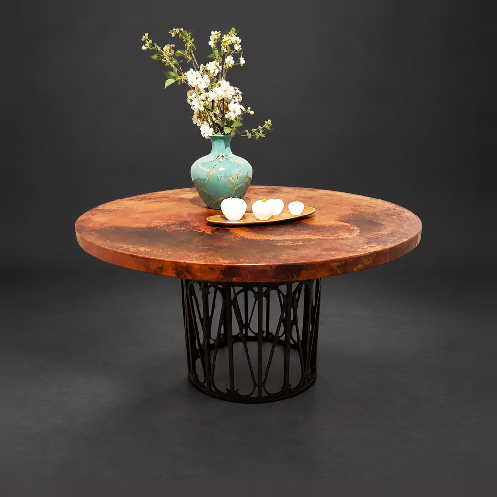 Round Natural Copper Dining Table with Sculptural Iron Base – Model 1213D