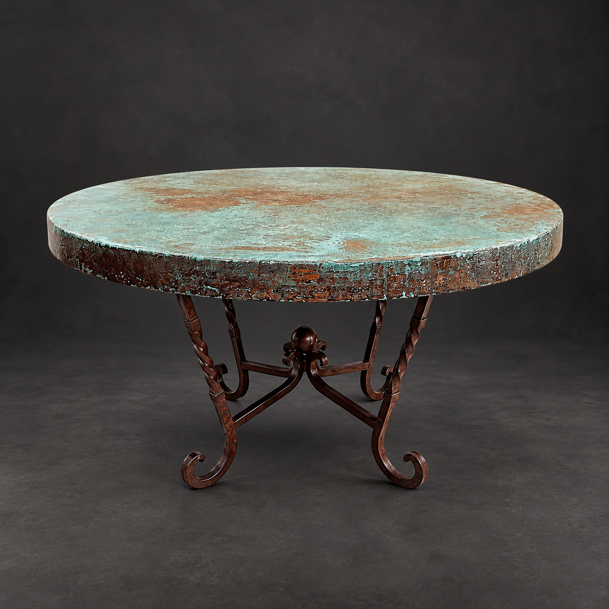 Round Natural Copper Dining Table with Hand-Forged Iron Base – Model 1211D
