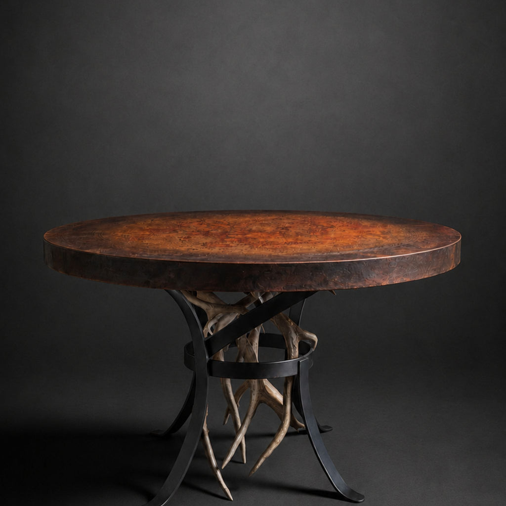 Round Engraved Copper Dining Table with Sculptural Antler Base – 4028D