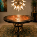 Round Engraved Copper Dining Table with Sculptural Antler Base – 4028D