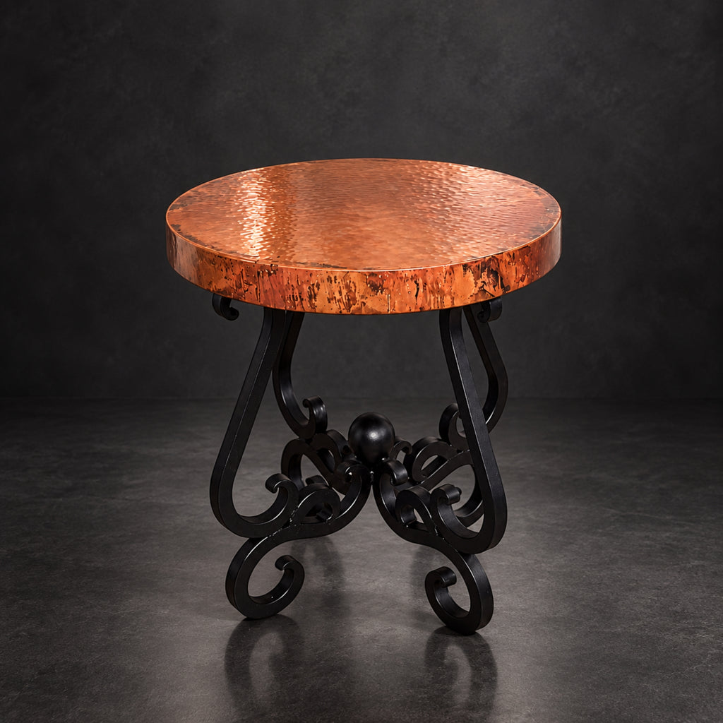 Round Hammered Copper Accent Table with Ornate Black Iron Base – 1240BB