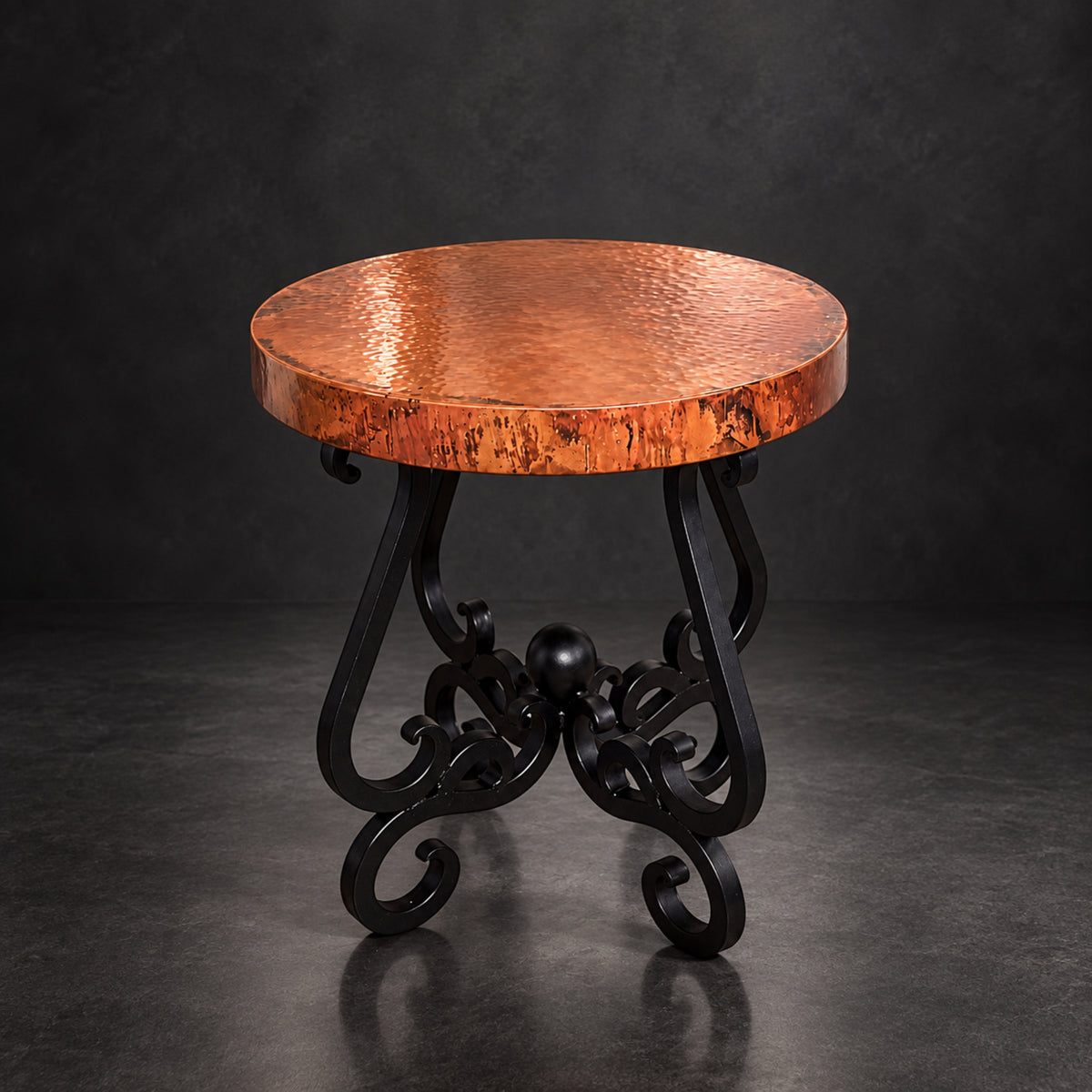 Round Hammered Copper Accent Table with Ornate Black Iron Base – 1240BB