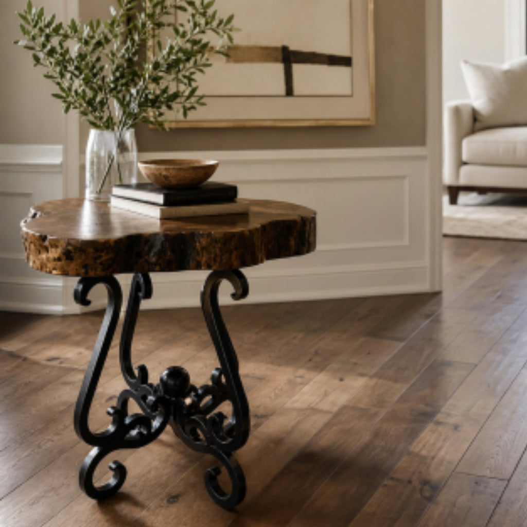 Round Live Edge Mesquite Accent Table with Scroll Iron Base – 1240BB