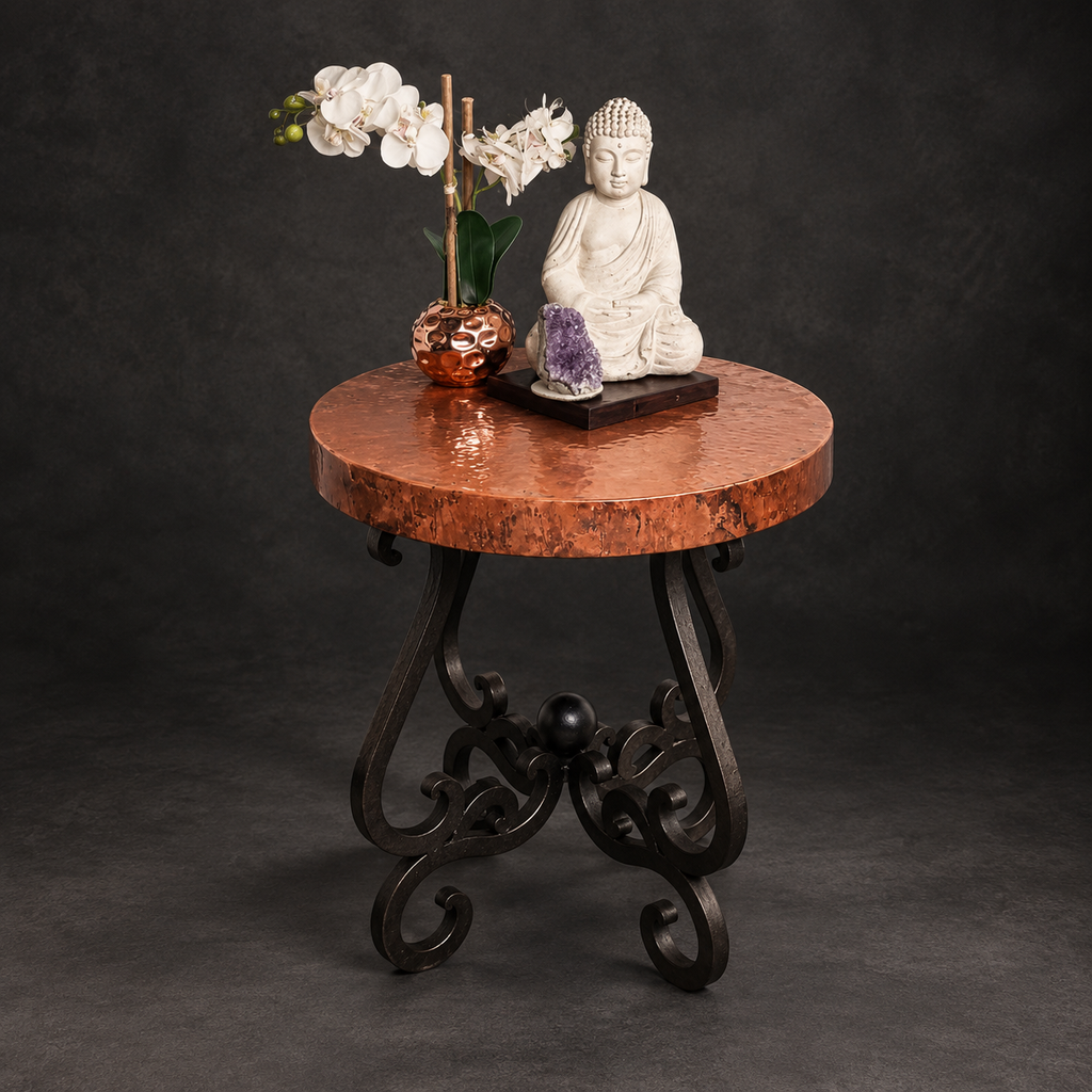 Round Hammered Copper Accent Table with Ornate Black Iron Base – 1240BB