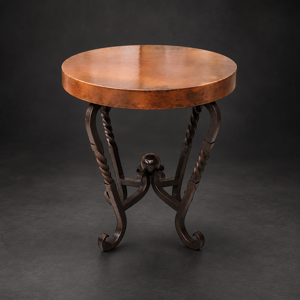 Round Copper Accent Table with Twisted Iron Base – 1211BB