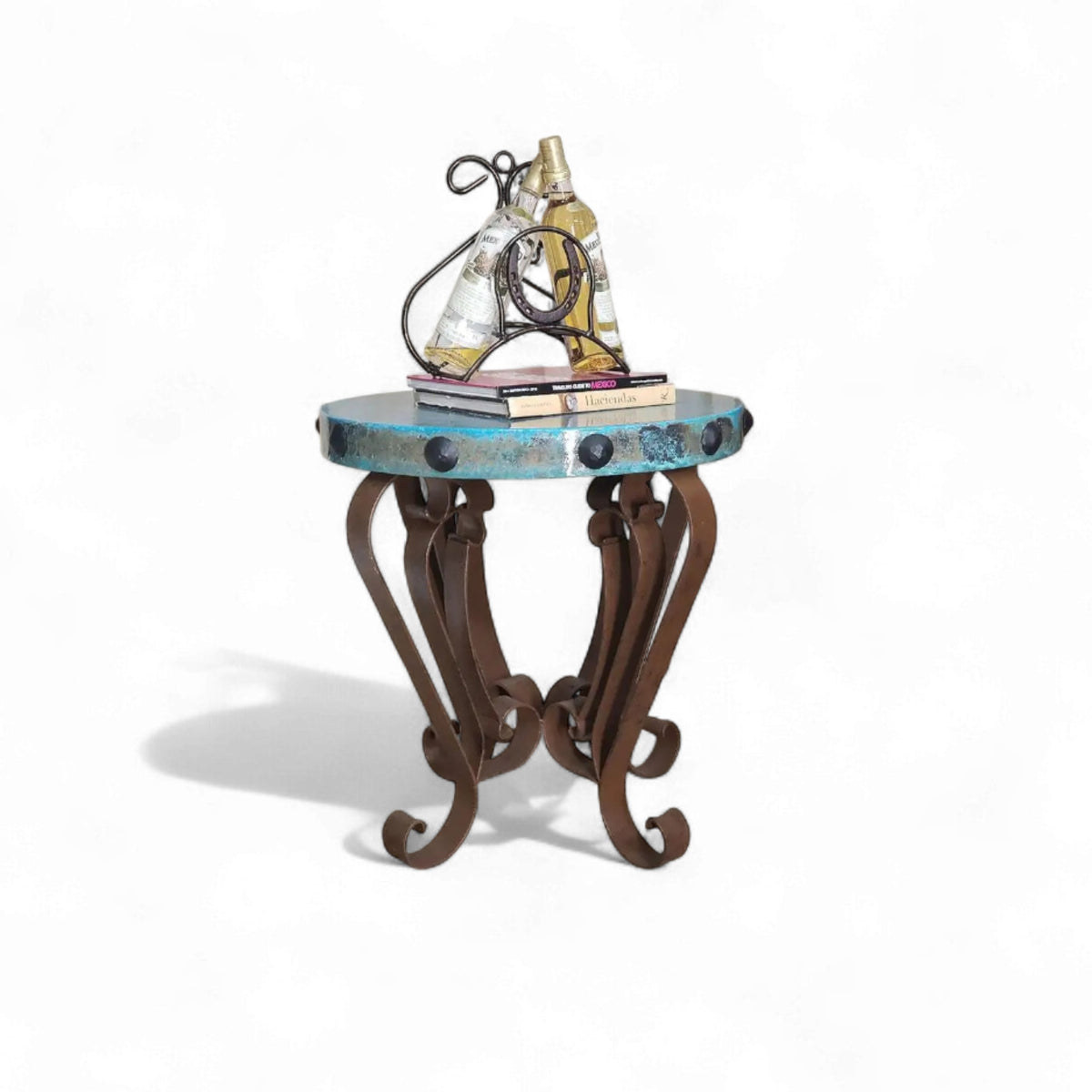 Round Turquoise Oxidized Copper Accent Table with Scroll Iron Base – 1229BB  Copy