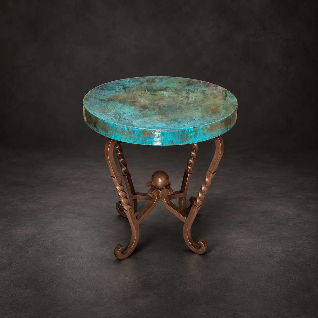 Round Copper Accent Table with Twisted Iron Base – 1211BB